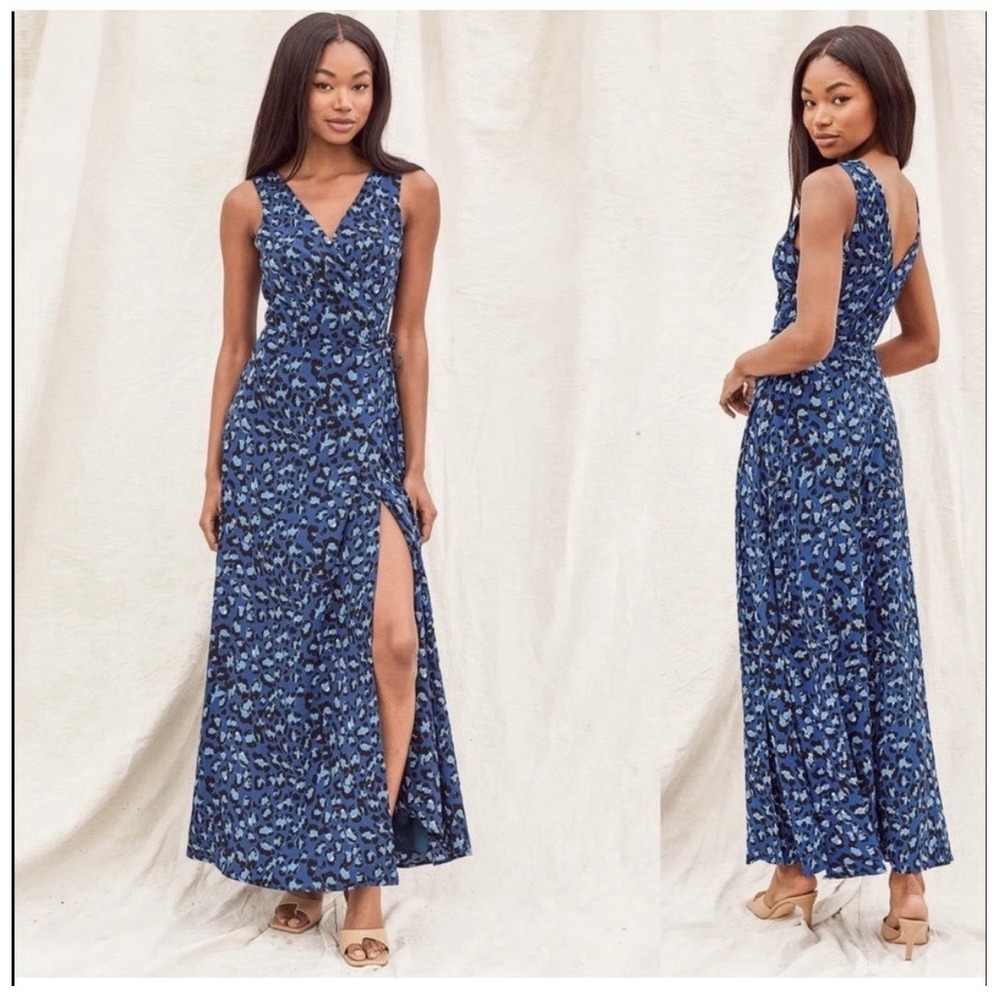 Lulus Wildly Romantic‎ Teal Blue Leopard Print Maxi Wrap Dress Boho Baddie Med
